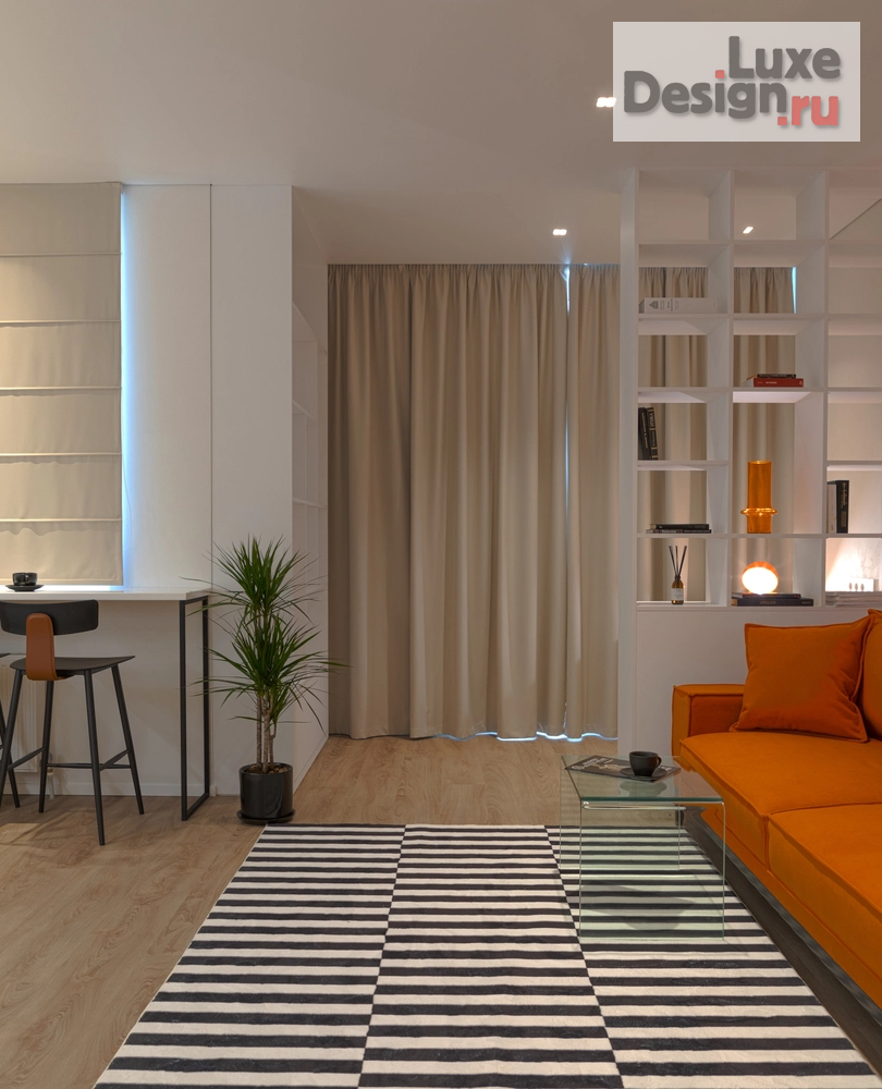 Дизайн интерьера квартиры студии "Белый квадрат - оранжевый протест (фотосъемка)" (фото 3)